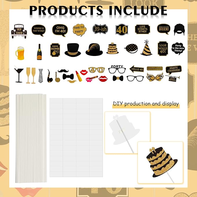 40th Birthday Photo Booth Props - 41 Pcs Black and Gold Decor, Funny Milestone Party Supplies for Men & Women, Retro 1986 Theme Selfie Station Accessories for Surprise Party, 40th Celebration Bash