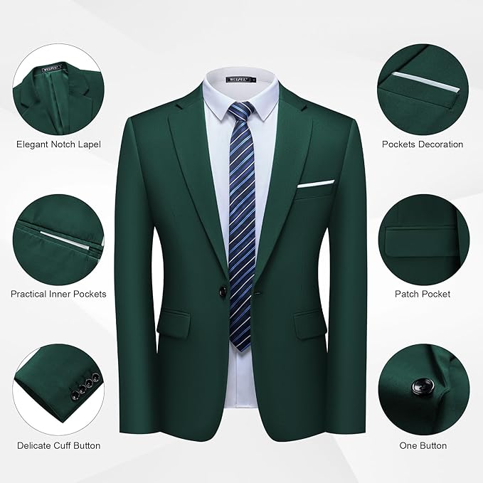 WULFUL Men's 2 Piece Slim Fit Suit Set One Button Blazer Jacket Pants Tuxedo Set for Party, Wedding and Business