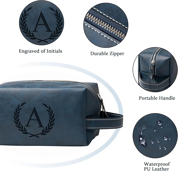 Personalized Gifts Travel Toiletry Bag for Men Engraved Initial PU Leather Waterproof Shaving Bag for Toiletries Accessories Fathers Day Birthday Gift for Men Dad Husband Son, Dark Blue E