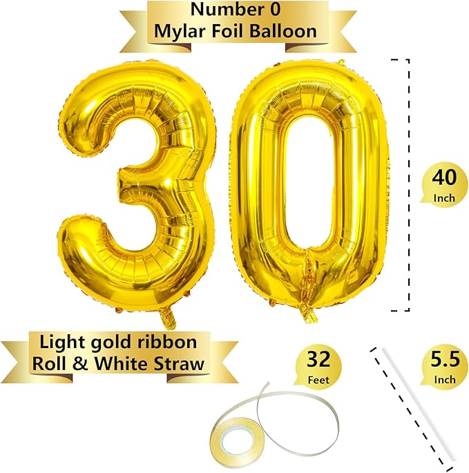 Gold Number Balloons Birthday Balloons - Giant Gold Number 30 Balloon 40 inch, Numbers Balloon 10th Birthday Decorations, Gold Party Supplies for Women Men