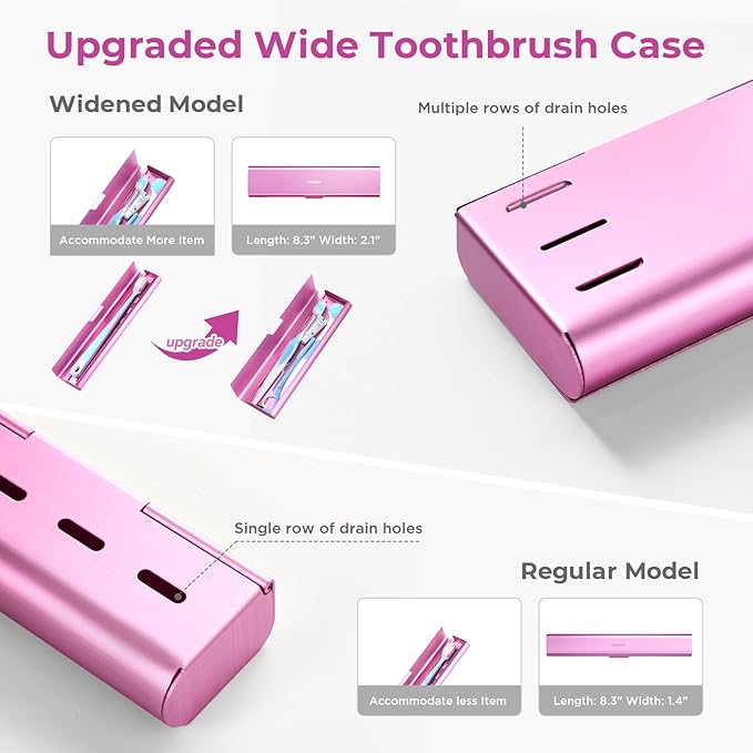Wider Aluminum Toothbrush Travel Case, Portable Travel Toothbrush Holder, Durable Manual Toothbrush Box Container for Traveling, Bathroom, Camping, Business Trip, Pink