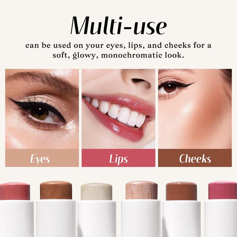 KIMUSE Face Sticks Trio, Cream Blush Stick & Highlighter Stick & Contour Stick for Sculpt the Cheeks, Long Lasting Cream Contour Stick Trio for Face Makeup, with Brush
