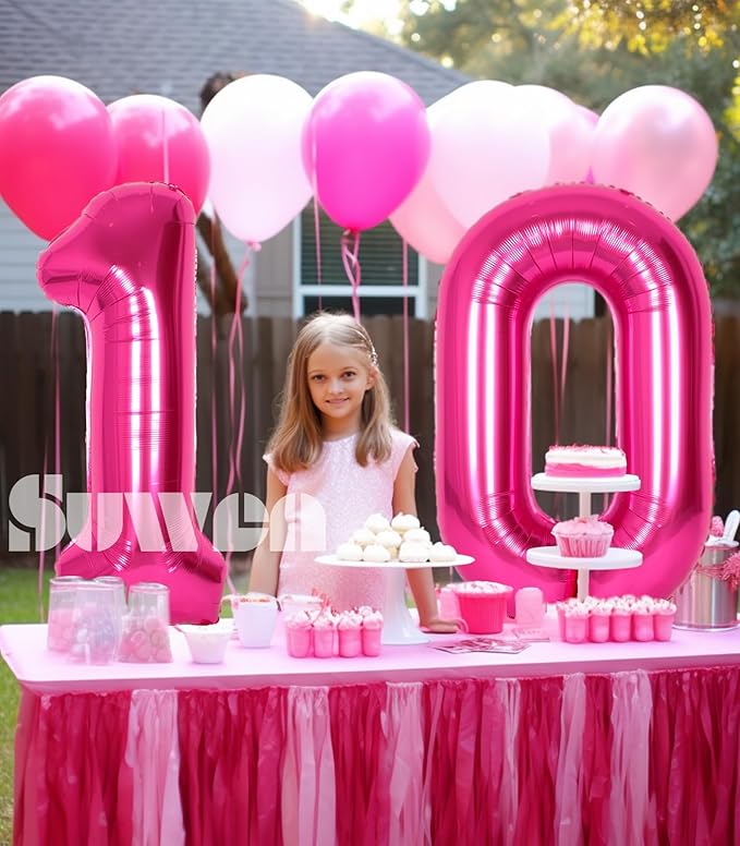SUWEN 40 Inch Hot Pink Large 10 Balloon Numbers Big Foil Helium Number Balloons 0-9 Jumbo Happy 10th Mylar Birthday Party Decorations for Girl Anniversary Party Supplies
