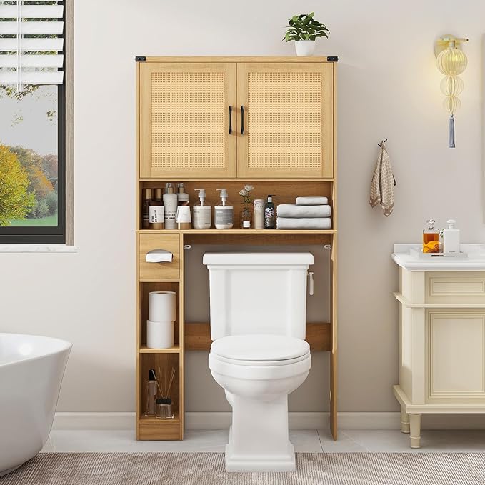 Vabches Over The Toilet Storage Cabinet, Farmhouse Rattan Storage Cabinet Over Toilet with 2 Rattan Barn Doors & Home Space-Saving Toilet Rack, for Bathroom, Restroom, Laundry