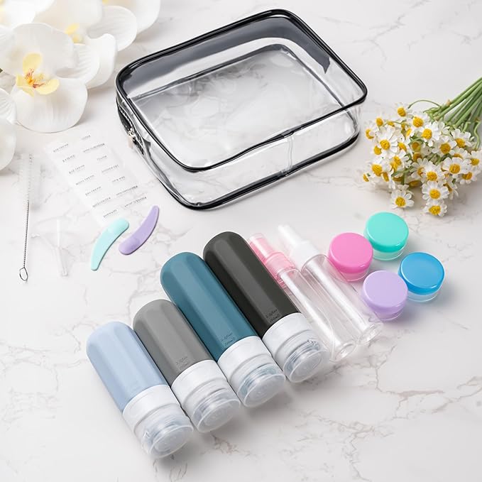 MODENGKONGJIAN 16 Pack Travel Bottles for Toiletries,TSA Approved Silicone Squeezable Travel Shampoo Bottles, 3oz Leak Proof Refillable Toiletry Cosmetic Containers (16PCS/Grey)