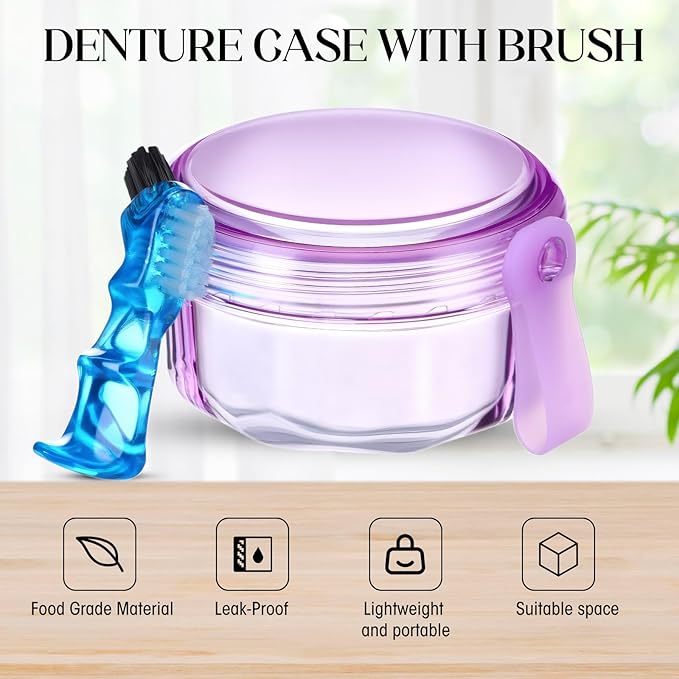 Sieral 6 Pcs Denture Case, Leak Proof Denture Bath Cup for Travel, False Teeth Container Cups for Soaking Full & Partial Dentures, Retainers, False Teeth Cleaning Kit Holder Box with Cleaner Brush