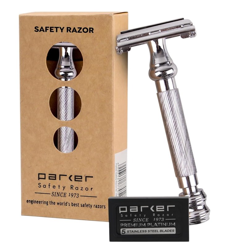 Parker 99R Chrome Long Handle Heavyweight Butterfly Open Double Edge Safety Razor for Men | 5 Parker Premium Platinum Double Edge Razor Blades Included | Iconic Brand