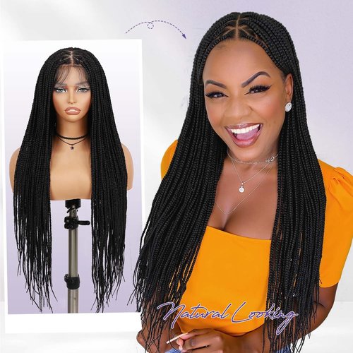 360 Full Lace Knotless Box Braided Wig, Long Black Synthetic Hair, Triangle Lace Front (Black, 34 inches)