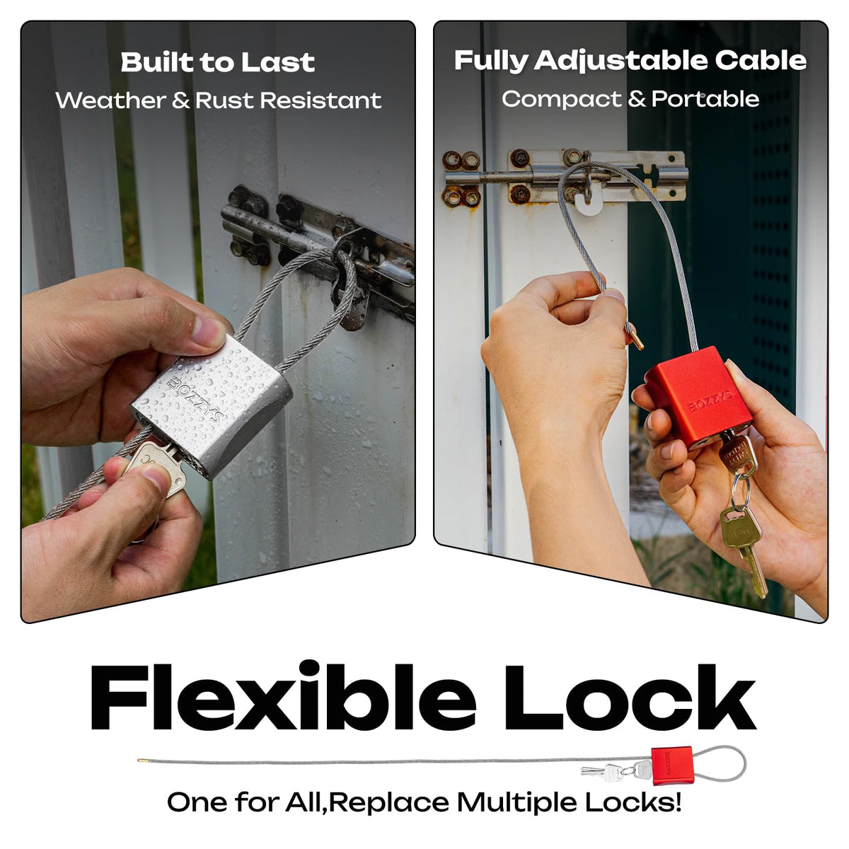 BOZZYS Cable Lock with 3 Keys | L 3.28ft(1m),D 1/6in(4mm) Adjustable Steel Cable Padlock | Aluminum Locks for Bikes, Gate, Lockers & Outdoor Gear | Weatherproof & Black