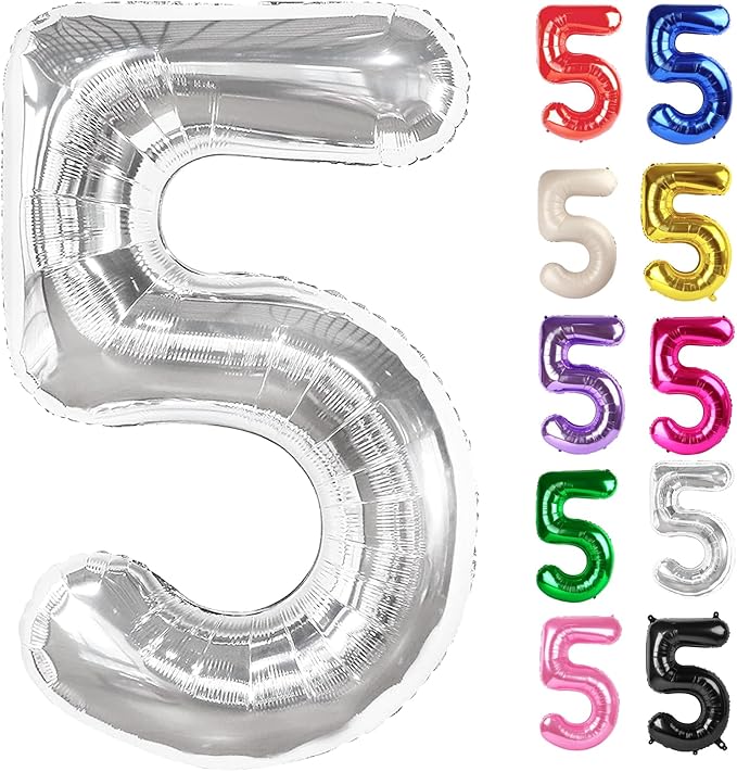 Silver Number 5 Balloon 40 Inch, 5 Balloon Number, 5th Birthday Decorations, Silver Party Supplies for Boys Girls