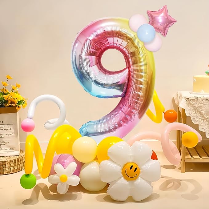 Rainbow Number Balloons Birthday Balloons - Giant Number 9 Balloon 40 inch, Numbers Balloon Birthday Decorations, Rainbow Party Supplies for Baby Shower
