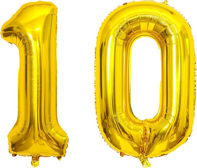 SINBEE Gold 10 Number Balloon, 40 Inch Mylar Foil Reusable Party Decoration for Birthday, Anniversary, Ceremony, Business Event