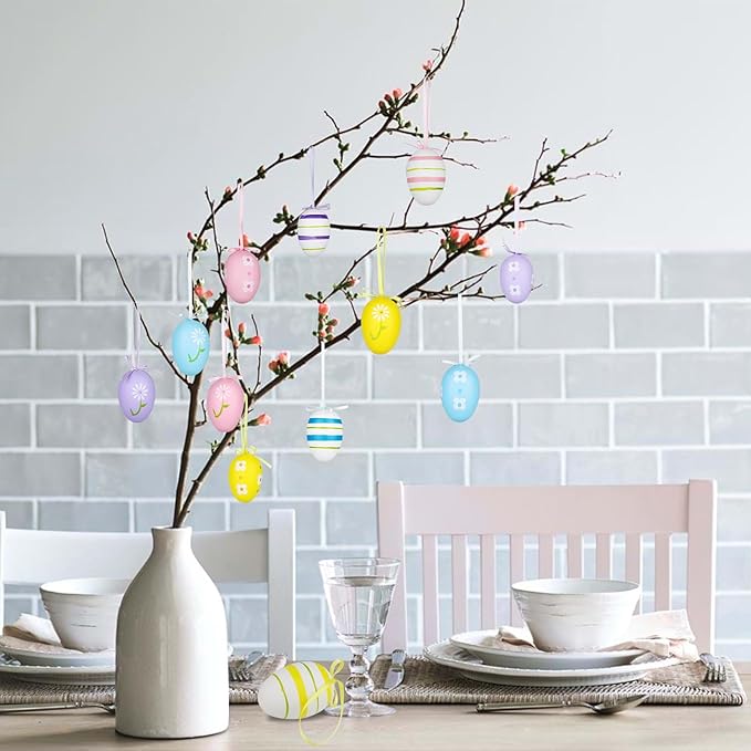 Yunfan 12Pcs Easter Decorations Eggs Hanging Ornaments Colorful for Easter Tree Basket Decor Party Favors Supplies Home