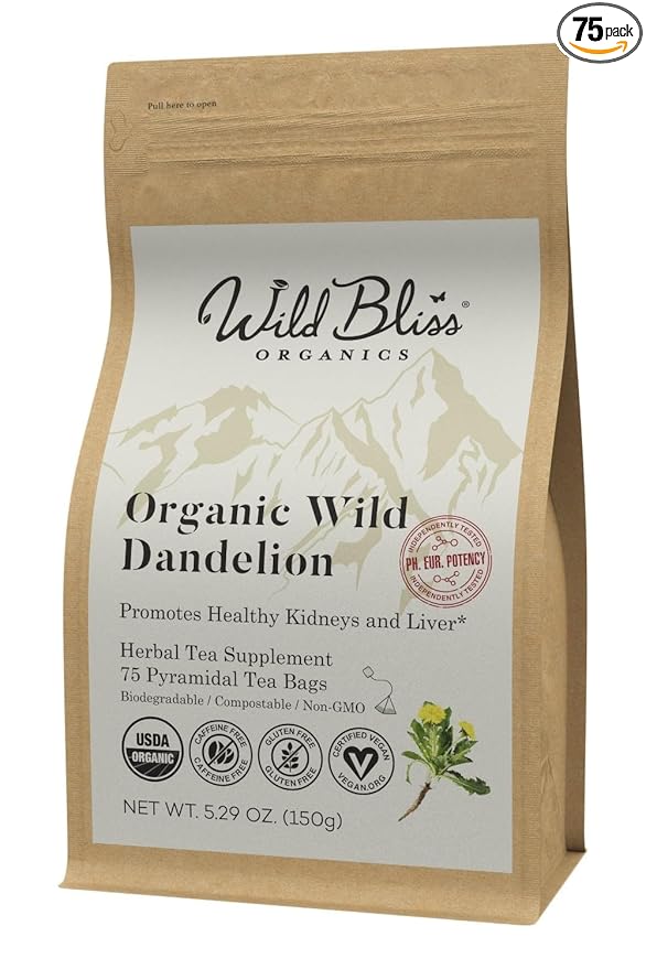 Wild Bliss Organic Wild Raw Dandelion Root Tea - Pharmacopoeia Quality Caffeine Free Herbal Detox Support - 75 Plant Based Tea Bags
