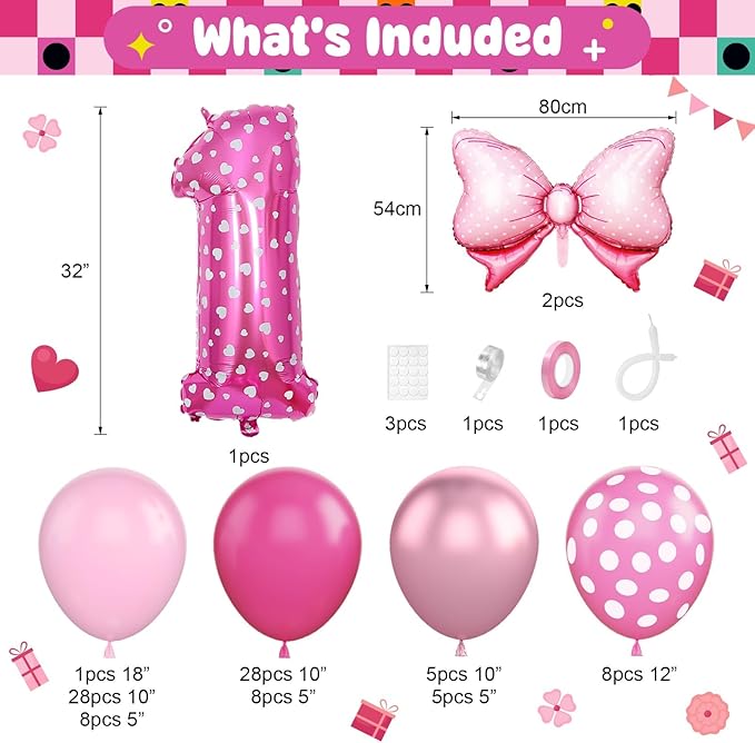 Pink 1st Birthday Balloons Decorations, Hot Pink Rose Polka Dots Balloons Arch Kit, Huge Bow Foil Ballons, Pinks Number 1 Balloon Tower for Baby Shower Girls Princess 1st Theme Party