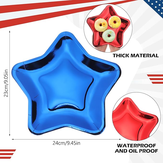Patelai 30 Pieces Thick Star Shaped Paper Plates Disposable Party Plate Pentagram Dinnerware Decorations for Graduation Independence Day Wedding Birthday Baby Shower, 9.45 Inch (Red, Blue, Silver)