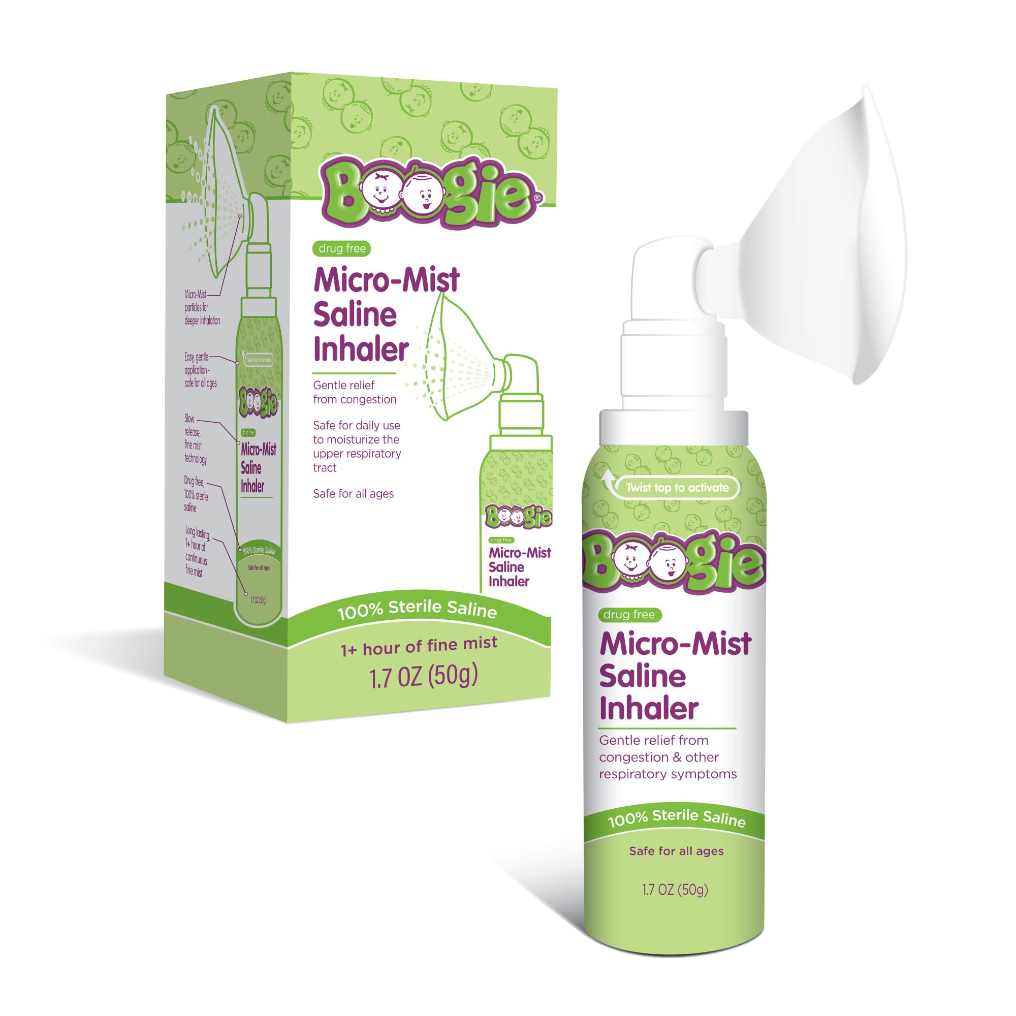 Boogie Micro-Mist Saline Inhaler, Baby Nose Congestion Relief, Nasal Spray for Kids, Pediatrician Recommended, 1.7oz Unscented - Pack of 1