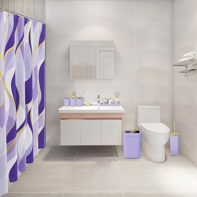 Purple Bathroom Accessories, Bathroom Sets with Stripe Shower Curtain, Purple and Gold Bathroom Accessories Set with Trash Can, Soap Dispenser, Soap Dish, Qtip Holders for Bathroom