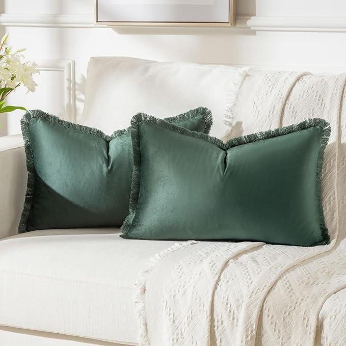 FUTEI Christmas Army Green Velvet Decorative Throw Pillow Covers 12x20 Set of 2,Soft Cozy Edge with Tassels Lumbar Pillow Cases,Boho Modern Home Decor for Couch Bed Living Room