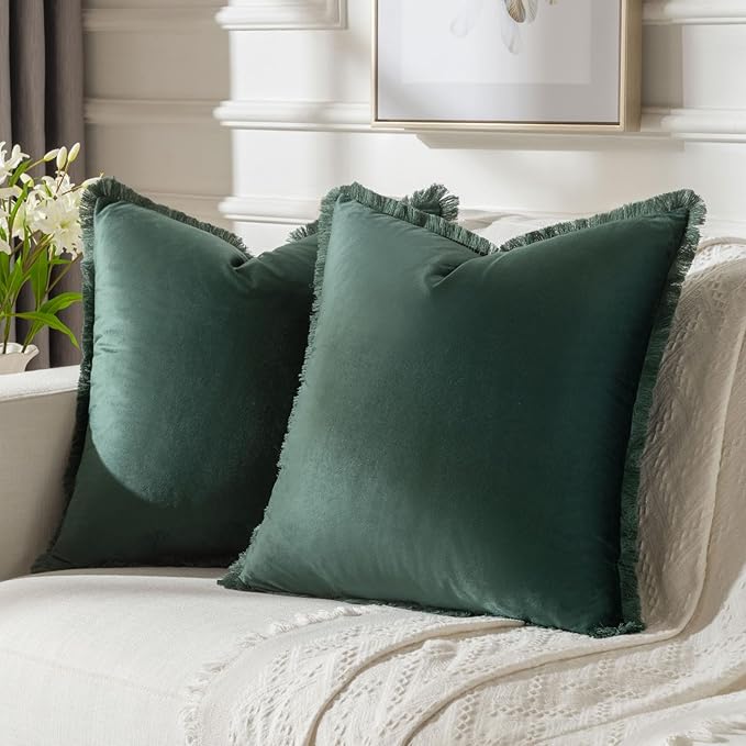 FUTEI Christmas Army Green Velvet Decorative Throw Pillow Covers 18x18 Set of 2,Soft Cozy Edge with Tassels Cushion Case,Boho Modern Home Decor for Couch Bed Living Room