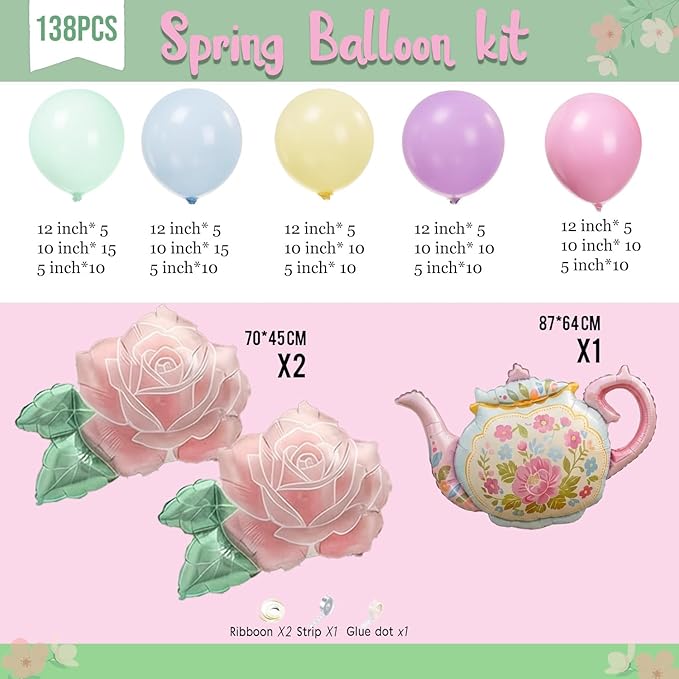 Green and Pink Balloon Garland 138Pcs Pastel Green Pink and Purple Balloons Arch Kit with Teapot Foil Balloon for Spring Tea Party Lets Partea Baby Shower Happy Easter Birthday Party Decorations