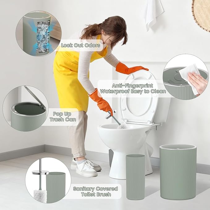 Sage Green Bathroom Accessories Set - Bathroom Sets, 25PC Bath Accessory Set, Bathroom Sets with Push Top Trash Can, Shower Curtain and Rugs, Toilet Brush, Trash Can & Soap Dispenser