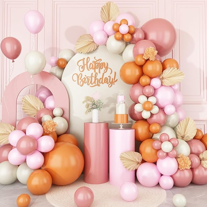 Boho Balloon Garland Arch Kit, Dusty Pink Orange Balloon Arch with Maca Pink Sand White Burnt Orange Latex Balloons for Women Flower Daisy Birthday Wedding Party Decorations