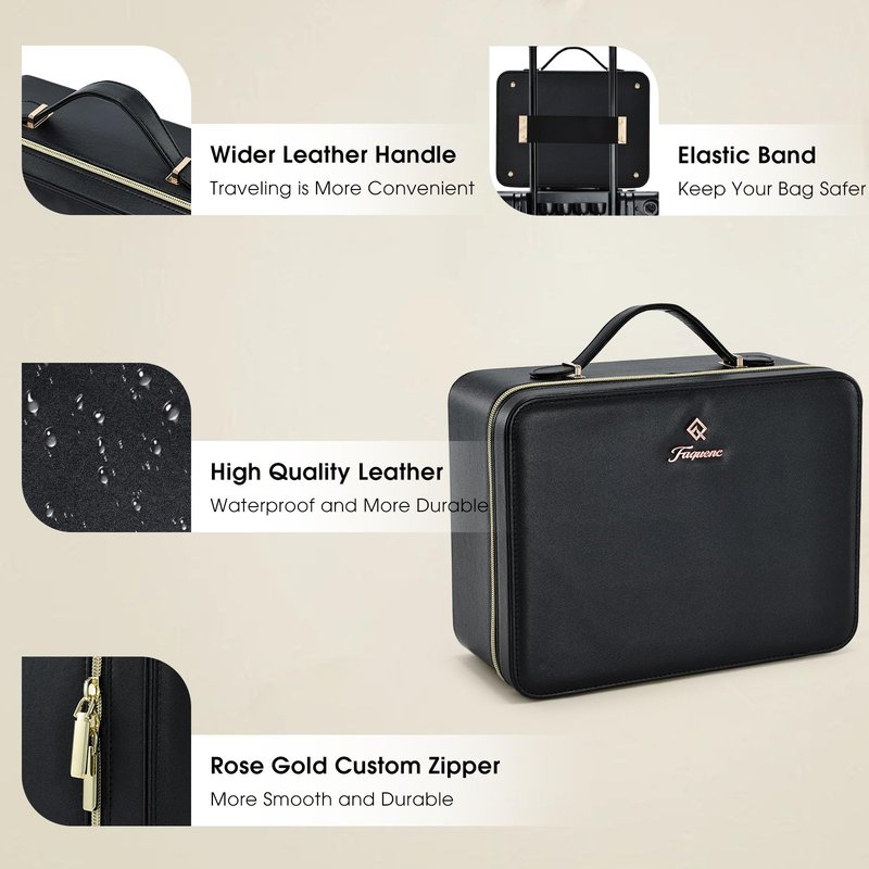 Faquenc 11.4 Inch Extra Large Makeup Bag with LED Lighted Mirror Leather Cosmetic Train Case Light up Mirror Portable Makeup Artist Storage Bag with Dividers Makeup Brush Holder Vanity Black