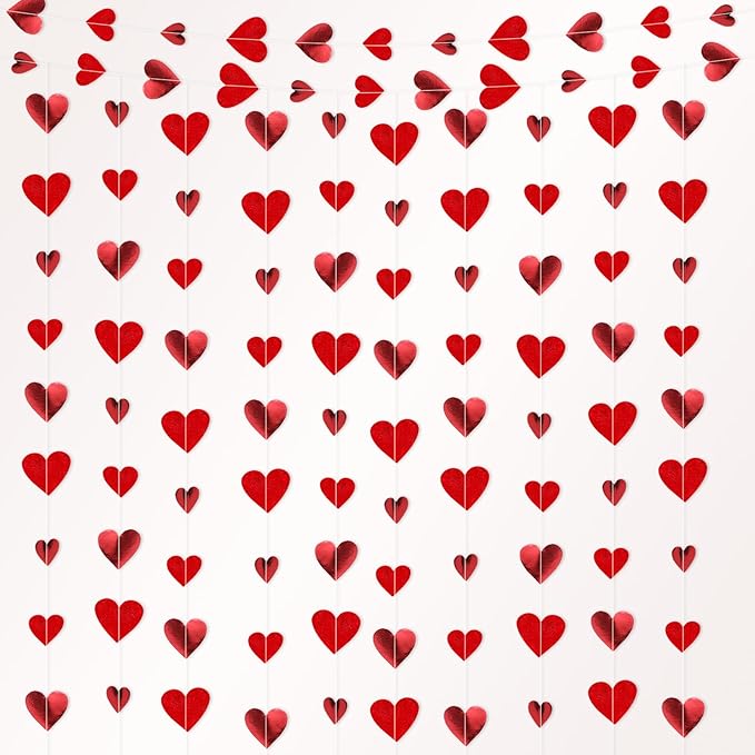 10 Pack 130ft Glitter Red Holographic Heart Party Garland Asymmetrical Love Hanging Banners for Birthday Wedding Decorations Mothers Day Bachelorette Bridal Shower Engagement