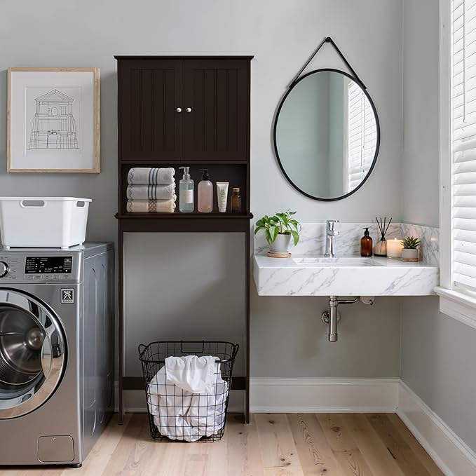 Over The Toilet Storage Cabinet, Behind Toilet Bathroom Organizer with Adjustable Shelves, Above Toilet Organizers with Barn Door, Space Saver for Restroom, Bathroom, Laundry
