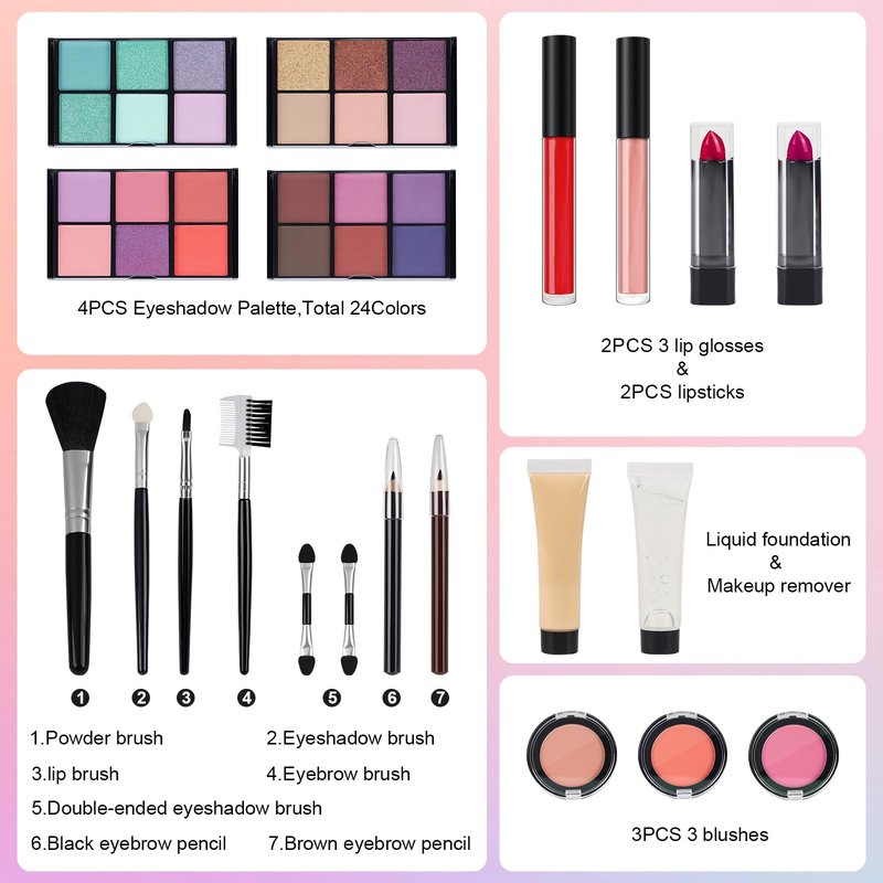 Makeup Kit for Teen Girls, Complete Cosmetic Set with Eyeshadow Palette, Lipstick, Blush, Lip Gloss, Brushes, Gifts Pink