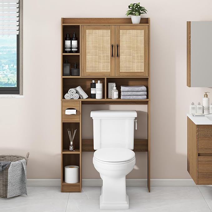 Farmhouse Rattan Storage Cabinet Over Toilet - 2 Door with Toilet Paper Holder - Space-Saving for Bathroom, Oak