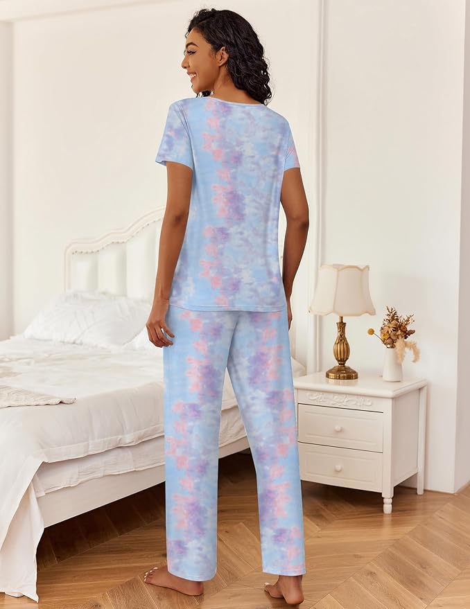 Ekouaer 2 Piece Womens Pajamas V Neck Short Sleeve Top and Long Pants Pjs Print Lounge Set Sleepwear