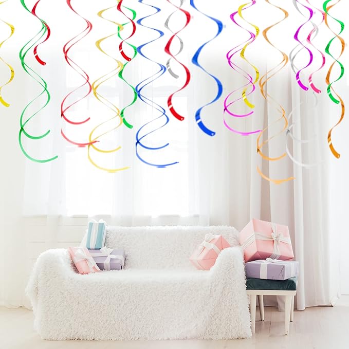 Colorful Ceiling Swirl Foil Decorations Hanging Plastic Streamer Themed Swirl Party Decoration for Wedding Thanksgiving Day Graduation Celebration, Pack of 28