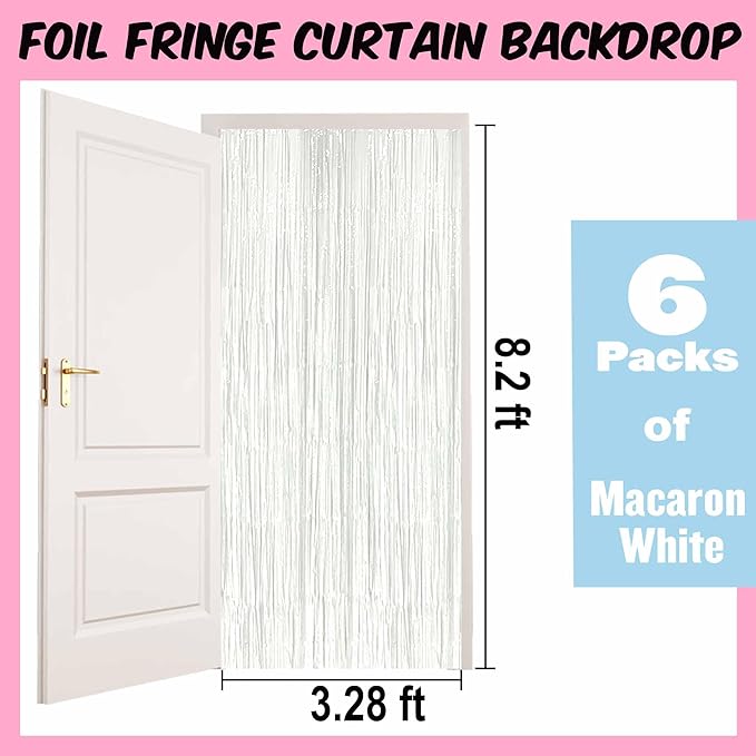 6 Pack Macaron White Foil Fringe Curtains Backdrop, 3.28 x 8.2 Ft Metallic Streamers Tinsel Curtains Background for Photo Booth, Birthday, Christmas, Halloween, New Year Party Decorations