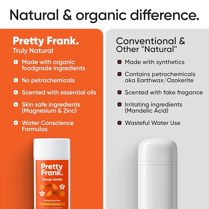 Pretty Frank Natural Aluminum-Free Deodorant Stick, Baking Soda-Free, Orange Vanilla (2-Pack) | Sensitive Skin Friendly, Effective Odor Control for Women & Men, Organic Ingredients and Essential Oils