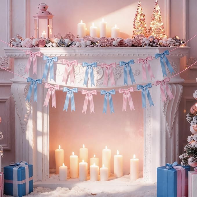 2 Strings Baby Pink & Blue Bow Garland Banner Decorations, 16Pcs Pre-Strung Satin Ribbon with 6.7ft Chain for Pink Blue Ribbon Bow Banner Coquette Room Birthday Baby Shower Gender Reveal Party Decor