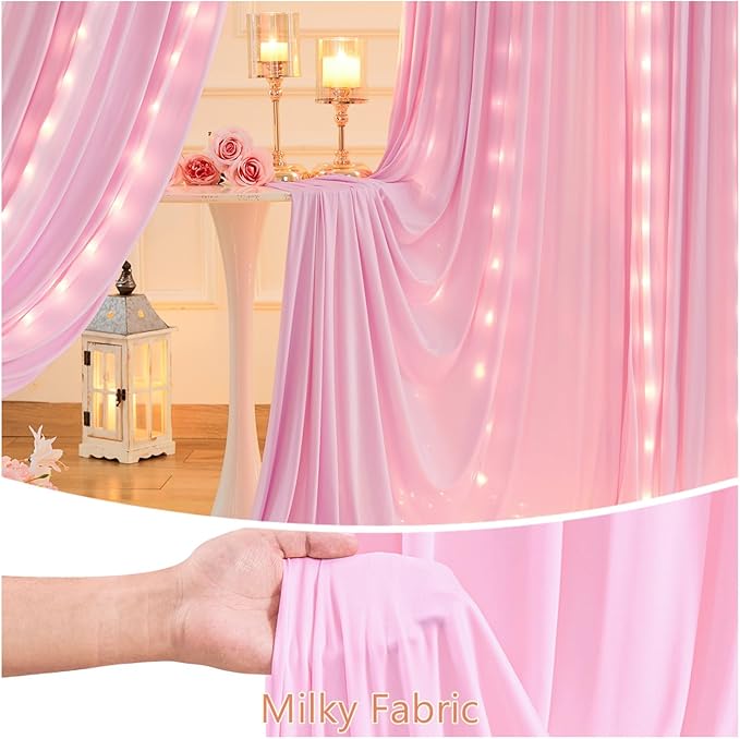 20 x 10ft Pink Backdrop Curtains with Lights String for Valentine’s Day Photo Backdrop Drapes Wrinkle Free Polyester Curtain Backdrop for Girls Birthday Party Wedding Reception Baby Shower-5 x 10ft 4P