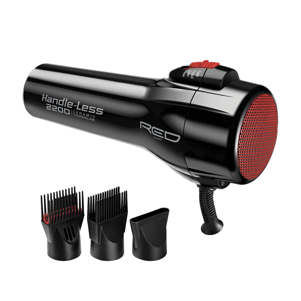 RED by Kiss Handle-Less 2200W Ceramic Tourmaline Hair Dryer, 3 Heat Settings, Pro Blow Dryer with Comb Attachment, Ionic for Frizz-Free Shine, Detangler & Straightening for 4C