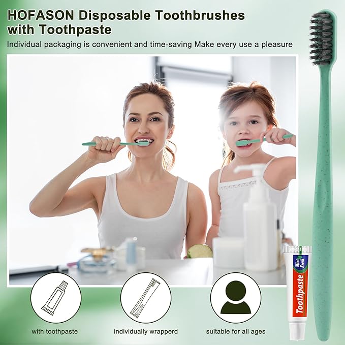 HOFASON Disposable Toothbrushes with Toothpaste 50 Pack, Disposable Travel Bulk Toothbrush and Toothpaste Set Individually Wrapped, Travel Size Toiletries for Homeless, Shelter, Charity, Hotel
