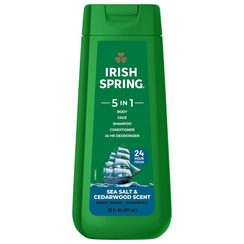 Irish Spring 5 in 1 Moisturizing Body Wash for Men, Shampoo, Conditioner, Body and Face Wash, and 24 Hour Deodorizer, Paraben-Free, Sea Salt & Cedarwood Scent, 20 fl oz, 4 Pack