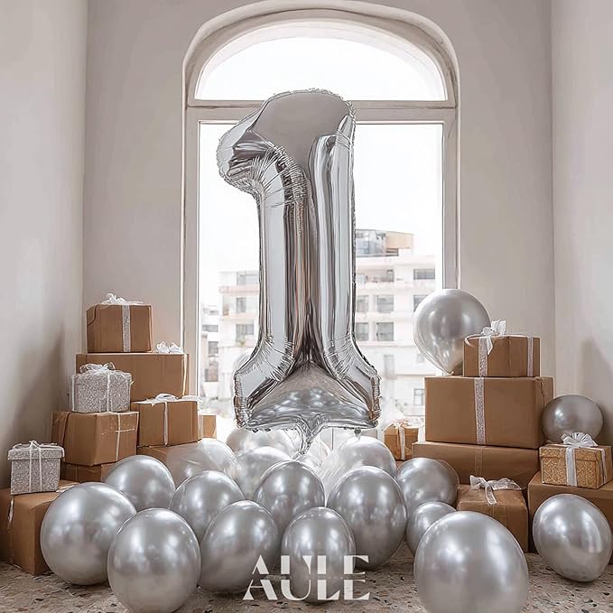 AULE 40 Inch Big Silver 1 Balloon Number Large Foil Helium Number Balloons 0-9 Jumbo Giant Happy 1st Birthday Party Decorations for Boy or Girl Huge Mylar Anniversary Party Supplies