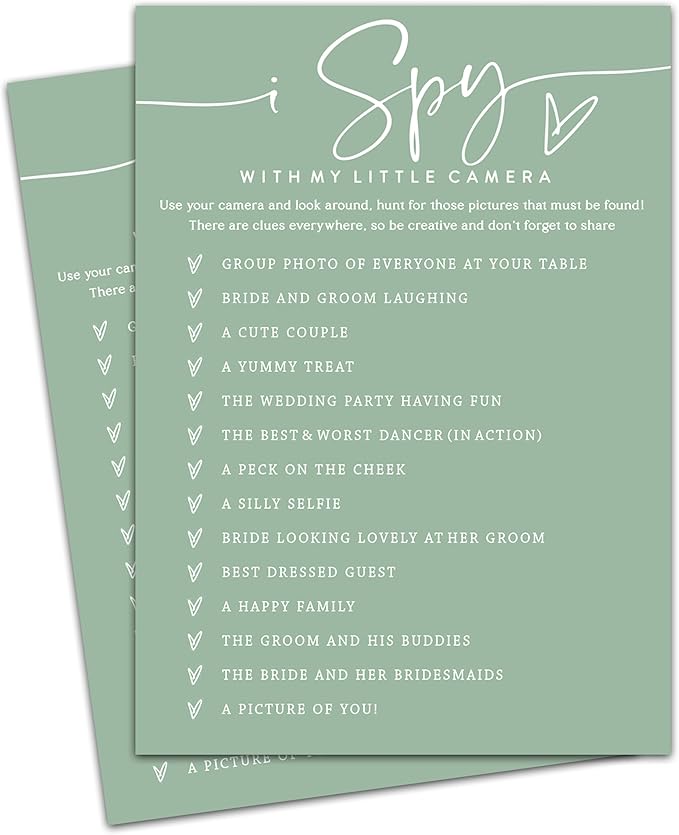 I Spy Wedding Reception Cards, Sea Green Bridal Shower Games, 30 Elegant Wedding Game for Bachelorette Engagement Party Supplies Favors - A04