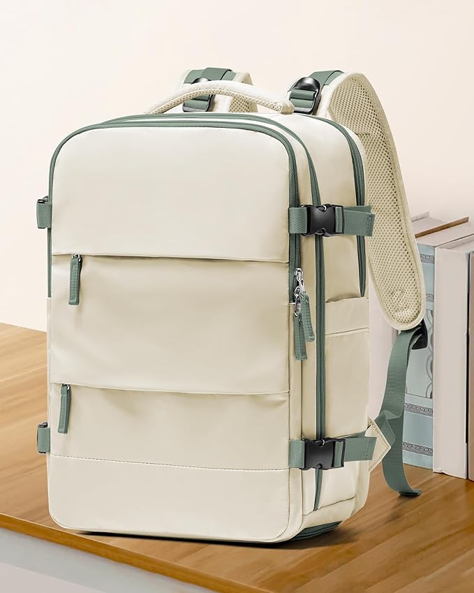 coowoz Large Travel Backpack for Women Men,Carry On Backpack Flight Approved,Hiking Backpack Outdoor Rucksack Casual Daypack Fit 15.6 Inch Laptop Shoes Compartment White Green L