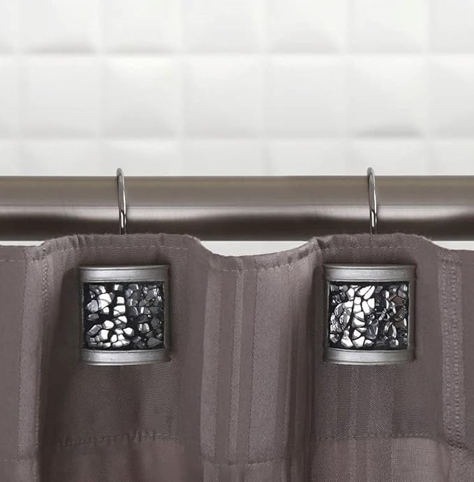 Crackled Glass Silver Shower Curtain Hooks Decorative - Set of 12 Shower Curtain Rings for Bathroom Shower Rod - Elegant Crackled Glass Shower Curtain Hooks