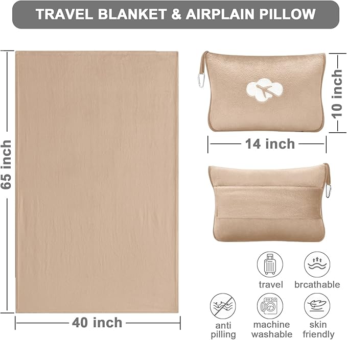 Travel Blanket and Pillow Compact, Premium Soft 2 in 1 Airplane Blanket with Soft Bag Pillowcase，Hand Luggage Sleeve and Backpack Clip (Brown)