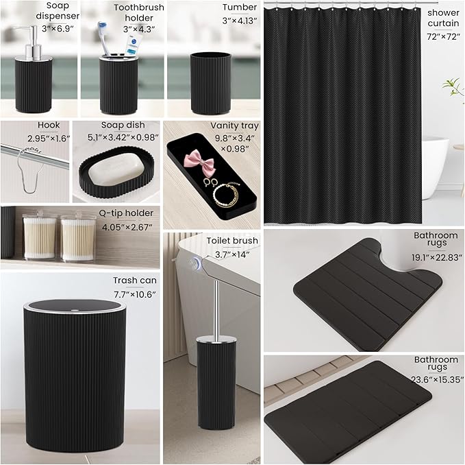 Black Bathroom Accessories Set - Bathroom Sets, 25PC Bath Accessory Set, Bathroom Sets with Push Top Trash Can, Shower Curtain and Rugs, Toilet Brush, Trash Can & Soap Dispenser