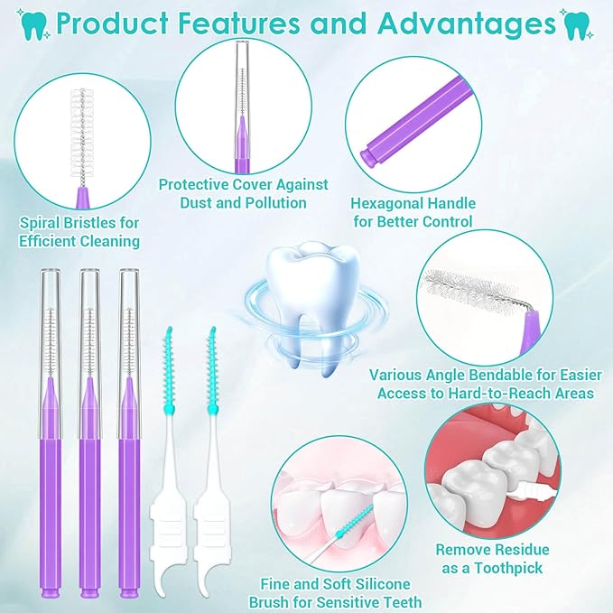Lezmarket 300PCS Interdental Brushes for Braces, Soft and Bendable Dental Brush for Orthodontic Braces, Braces Cleaner Brush Tooth Pick Teeth Flossers Brushes for Teeth (Purple)