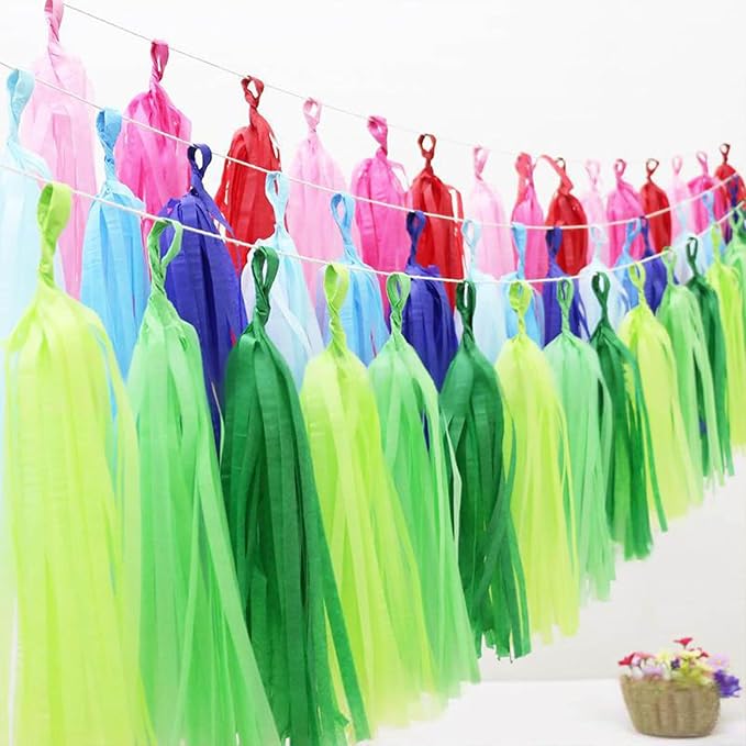 Blue Green & Purple Paper Tassel Garland Banner - Vibrant Tri-Color Handmade Paper Tassels for Party Decorations, Wedding Backdrop, DIY Crafts (30-Pack)