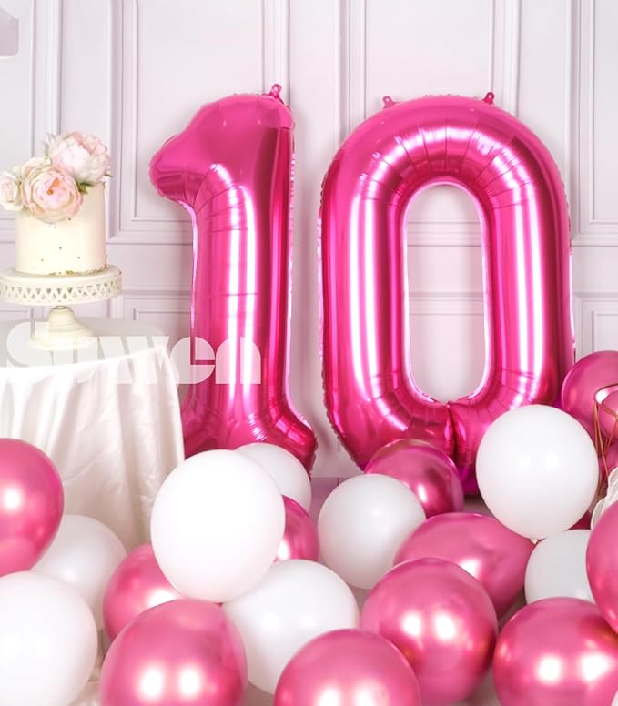 SUWEN 40 Inch Hot Pink Large 10 Balloon Numbers Big Foil Helium Number Balloons 0-9 Jumbo Happy 10th Mylar Birthday Party Decorations for Girl Anniversary Party Supplies